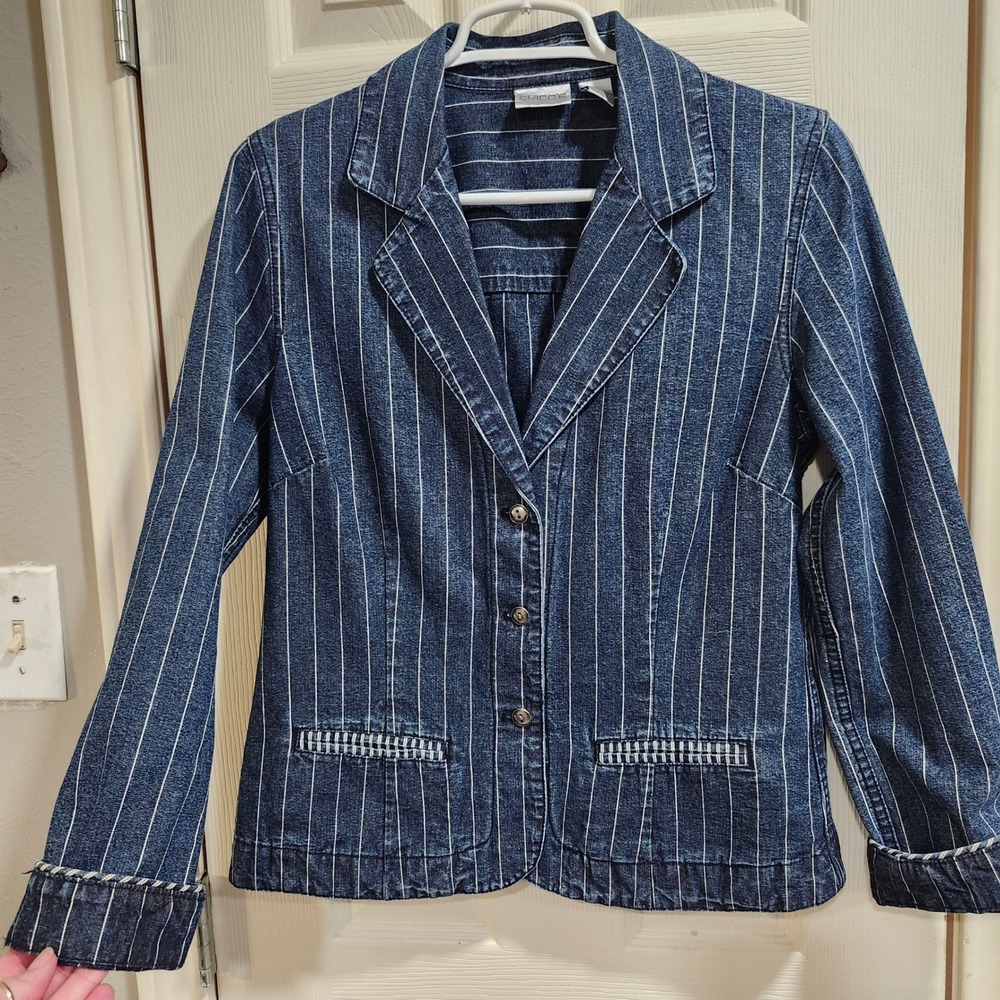 Chicos Pinstripe Denim Blazer Jacket Blue 100% Cotton Size 0 Small